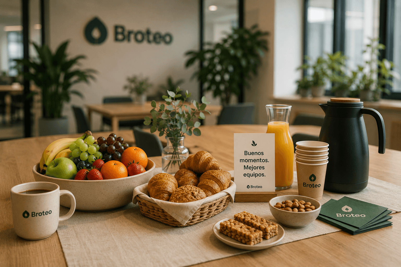 Fruta y desayuno servidos en una oficina